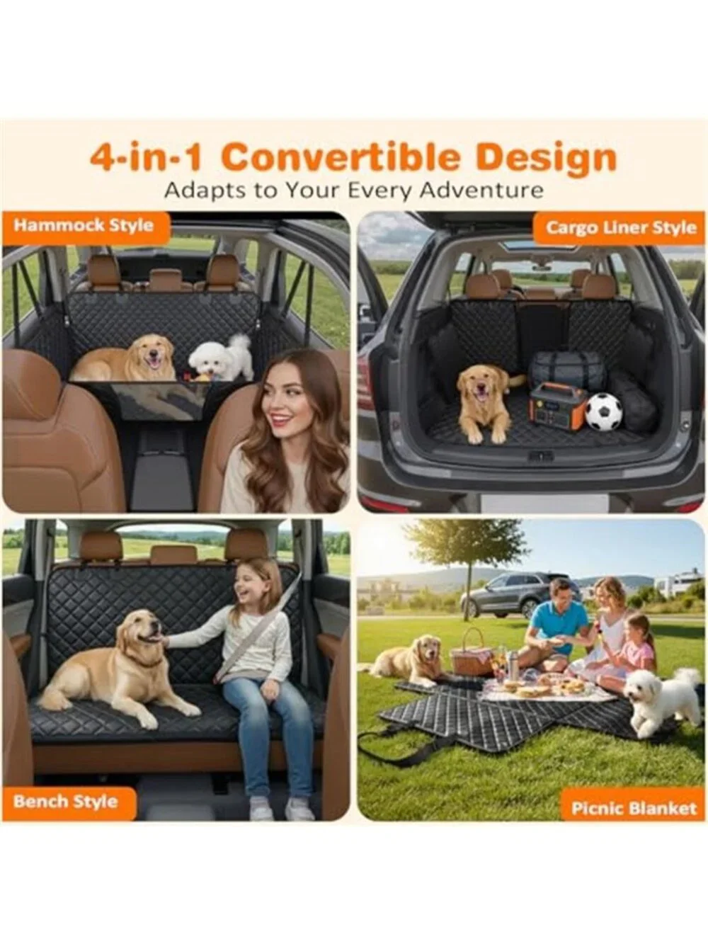 4 in 1 Dog Car Seat Cover for Back Seat, Waterproof Hammock